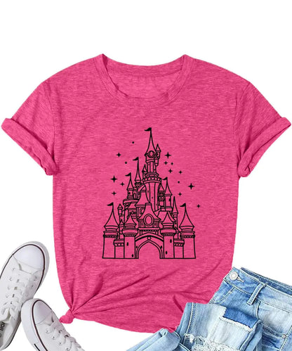 Women Magic Kingdom Shirt Cute Castle Graphic Holiday Them Paties Gift Tee Women Graphic Casual Short Sleeve Shirt Festival Weekend Outfit Clothings(Pink XXL)